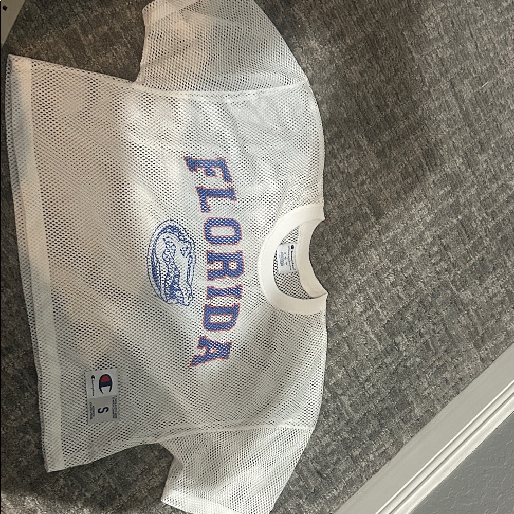Champion gators UF White Mesh Florida Team Shirt with Blue & Orange Print small